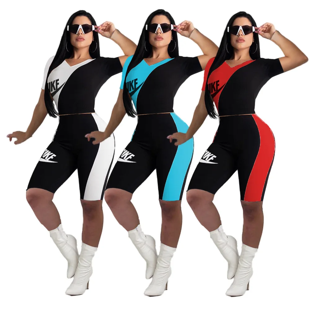 

YM9063 Summer New Arrival Ladies Suit Fashion Short Sleeve Letter Embroidery Color Matching 2 Piece Women Sets, 3 colors