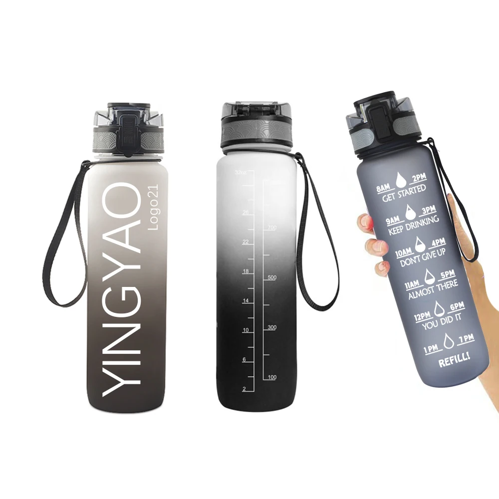 

Hot Sale Frosted Personalized 1000ml 1l 32oz 32 oz Grey BPA Free Tritan Football Outdoor Time Marker Motivational Water Bottle