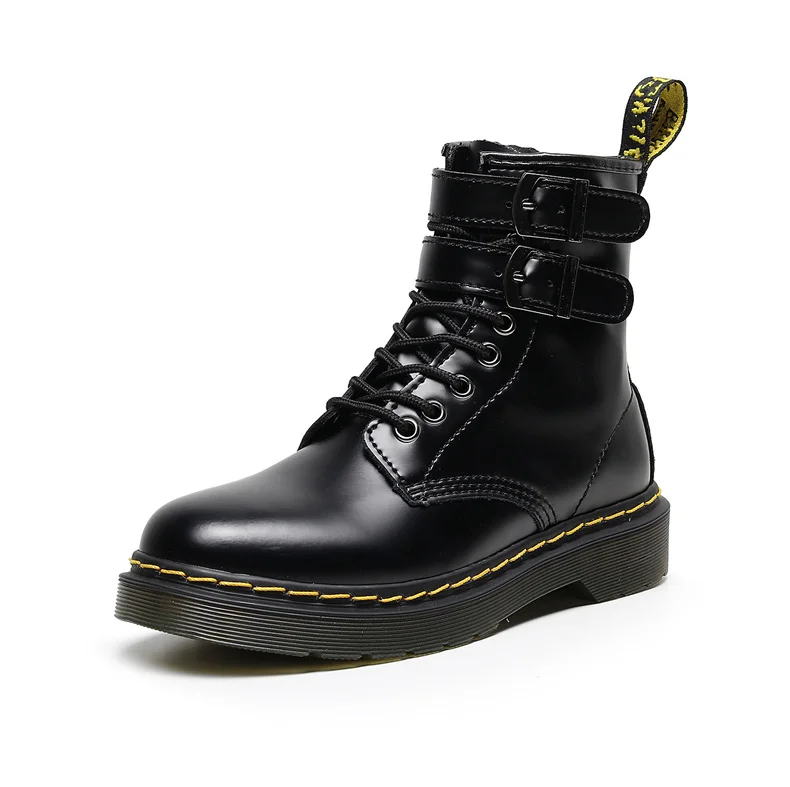 

New Martens Ankle Boots Women Punk Shoes Double Buckle Zipper British Style Outdoor Black Leather Thick Bottom Women's Boots