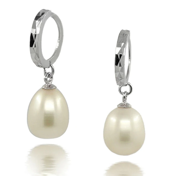 

925 Sterling Silver Hoop Huggie Dangle FreshWater Natural Oval Shape Pearl Earrings