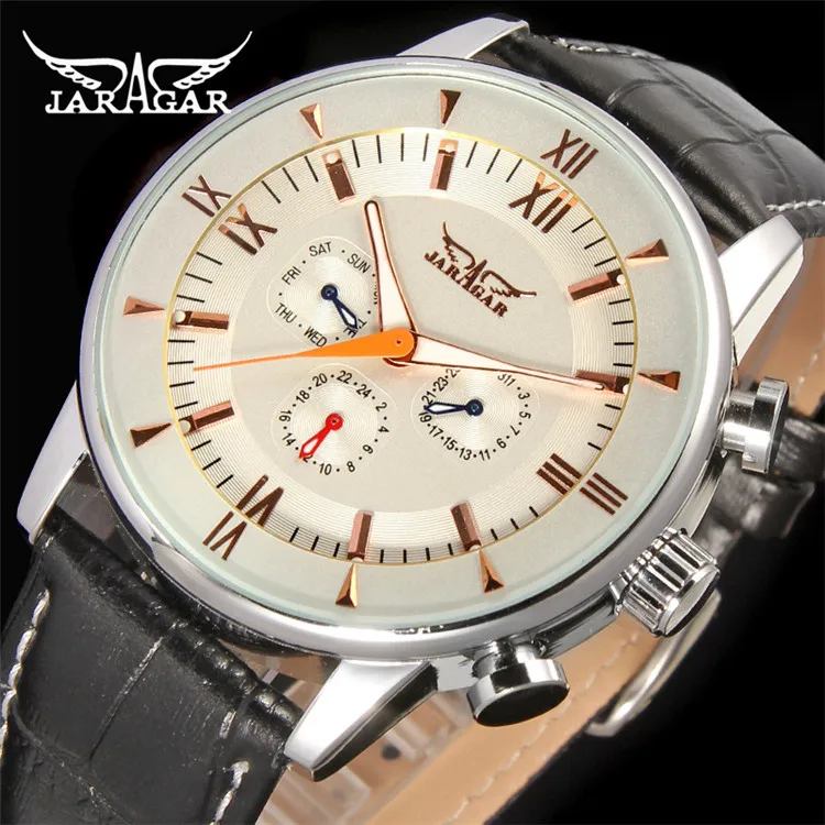 

JARAGAR 6901 luxury white men mechanical watch best Genuine Leather band 3 dials week display full automatic business watch set