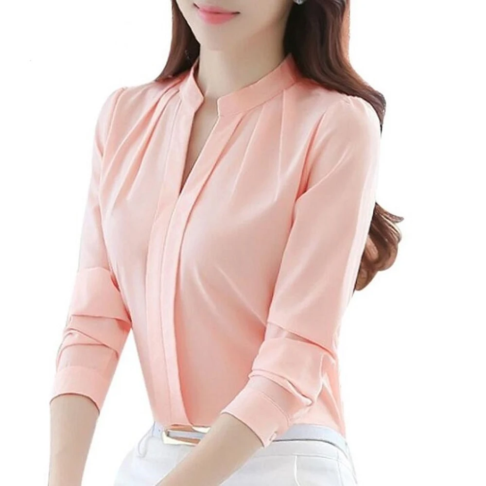 

Korean Fashion V Neck Long Sleeve Elegant Office Ladies Wear Chiffon Blouses