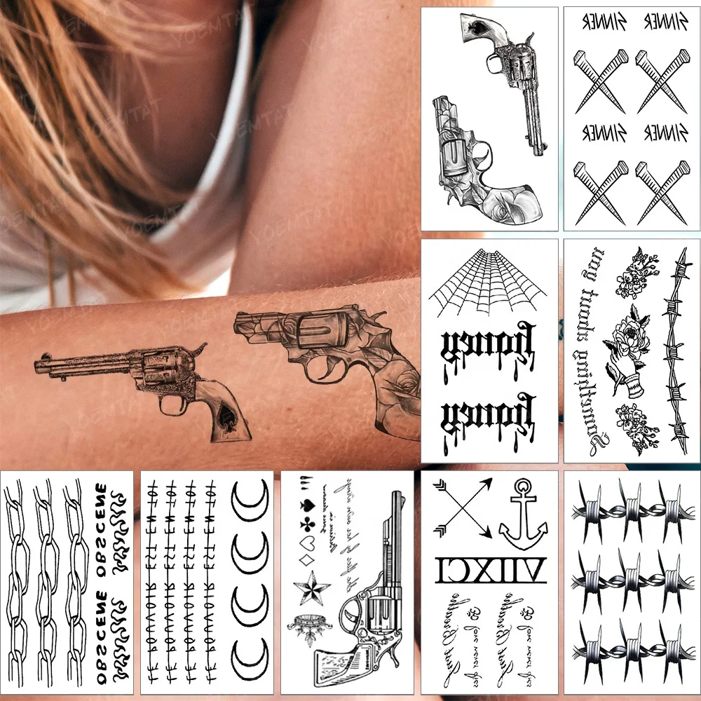 

Hot sale fashionable hand tatoo pistol pattern temporary arm tattoos small size sexy tattoo stickers sticker, Cmyk