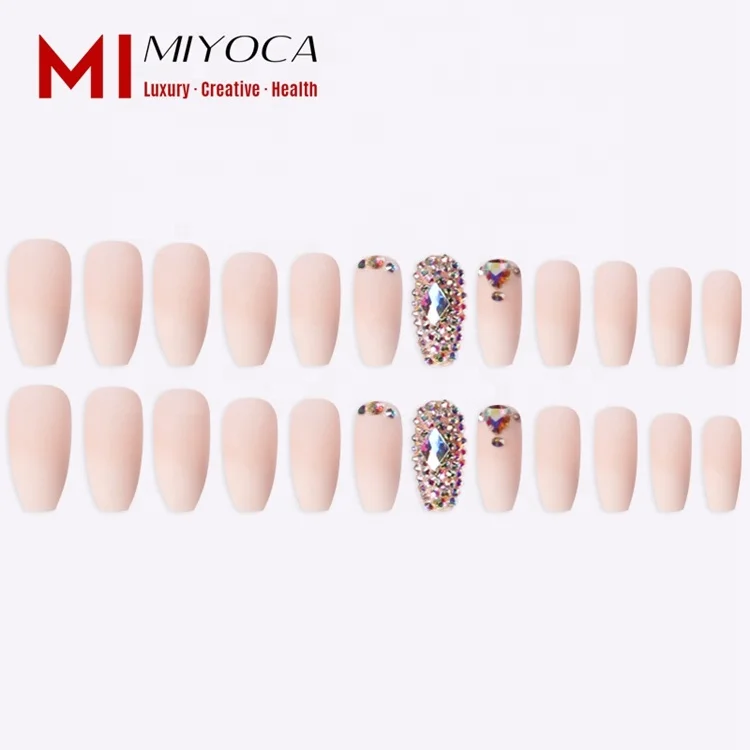 

MIYOCA C Curve Solid Color Long Coffin Nails Full Cover Ballerina Press on Nails with Diamonds and Glue