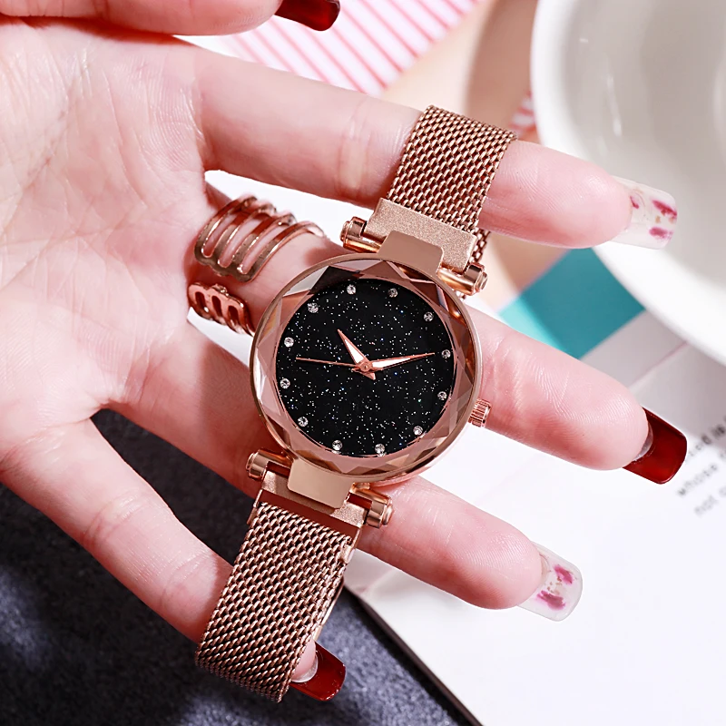 

Ladies Gift Fashion Reloj Starry Sky Alloy Magnet Buckle Mesh Belt Watch Casual Quartz Shining Star Analog Quartz Watches