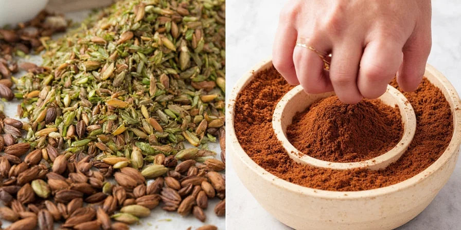 Manual spice grinder with whole spices nearby