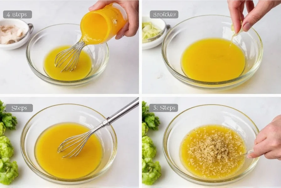 Step-by-step preparation of fresh ginger dressing in glass bowl with ingredients arranged around it