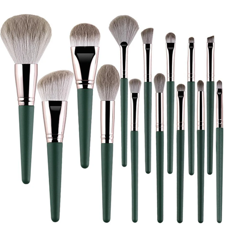 

Green color 14pcs makeup brushes set Foundation Powder Blush Concealer Brow Contour Eyeshadow lips cosmetics brushes