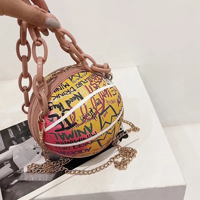 

2021 Amazon Hot PU Leather Small jelly Lady Ball Purses Chain Shoulder Messenger Handbags Mini Women Bag Basketball