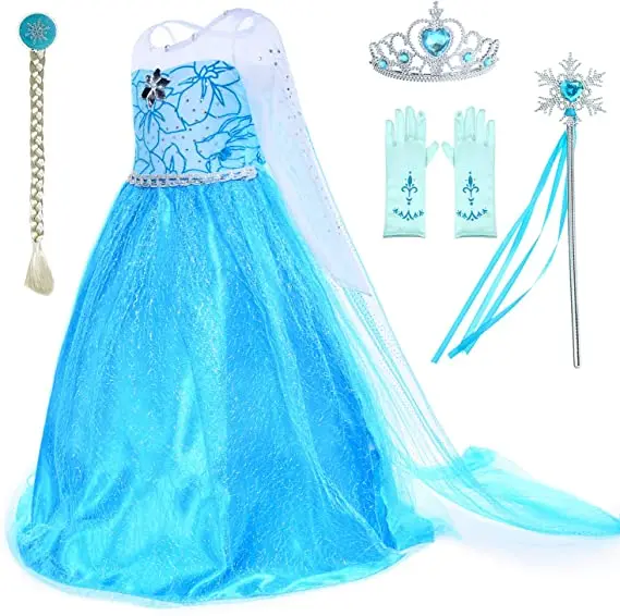 

Elsa Princess dress Party Dress Up Frozen Dress for Little Girls with Wig,Crown,Mace, Accessories Age 3-11 Years