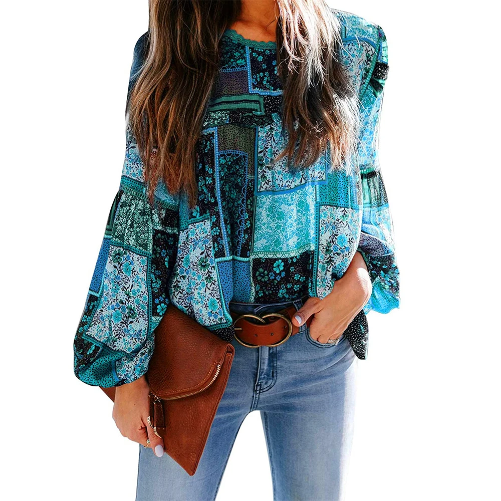 

2021 Women Clothing Patchwork Boho Floral Print Long Balloon Sleeve Round Neck Flowy Casual Blouse Tops, As pictures