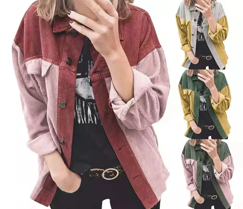 

2022 New Arrival Autumn Woman Clothing Casual Contrast Color Women Corduroy Shirt Coat Shirt Jacket Patchwork Coats, Picture showns