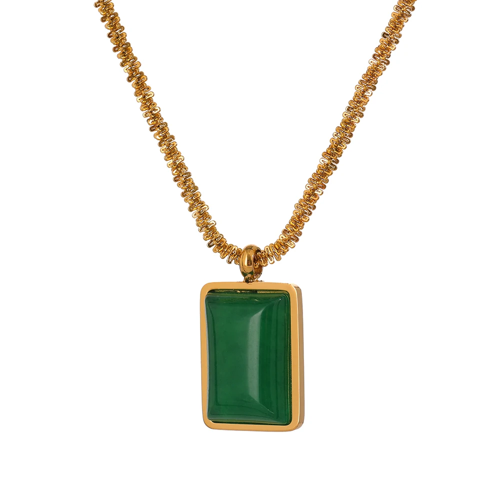 

JINYOU 254 Luxury Green Malay Jade Stone Square Pendant Chain Necklace 18k Gold Color Stainless Steel Jewelry for Women