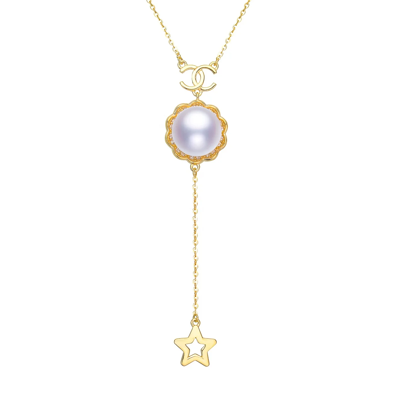 

Refreshing Design Big White Round Pearls Gold Chain With Star For MOMS GIRLS Best Gift Pearl Pendant Jewelry