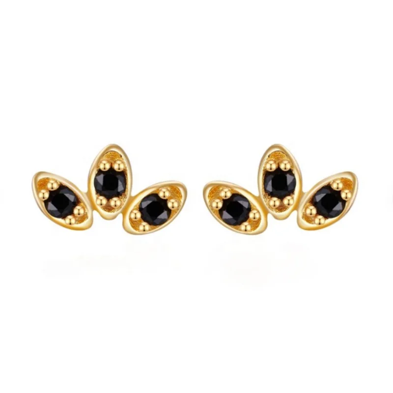 

2021 New Trendy 925 Sterling Silver Jewelry Minimalist Black Turquoise Three Cubic Zircon Stone Stud Earrings For Women, Gold and silver