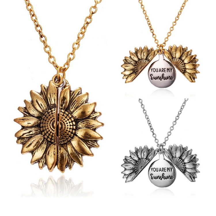 

Trendy High Quality Women Ladies Antique Gold Silver Plated Locket You Are My Sunshine Sunflower Pendant Necklace For Girls, As photo