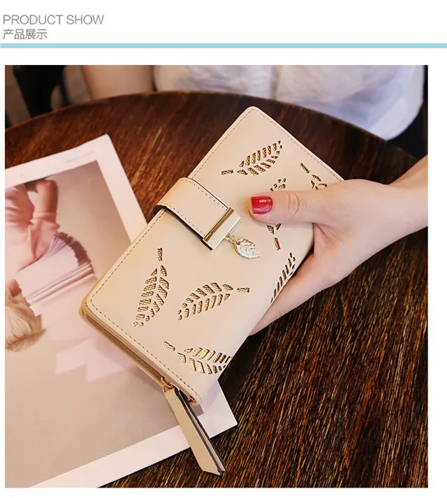 Womens Long Leaf Bifold Wallet Leather Card Holder Purse Zipper Buckle Elegant Clutch Wallet Handbag