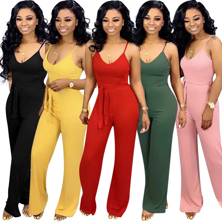 

90716-MX66 5 colors casual spaghetti strap womens jumpsuit 2019