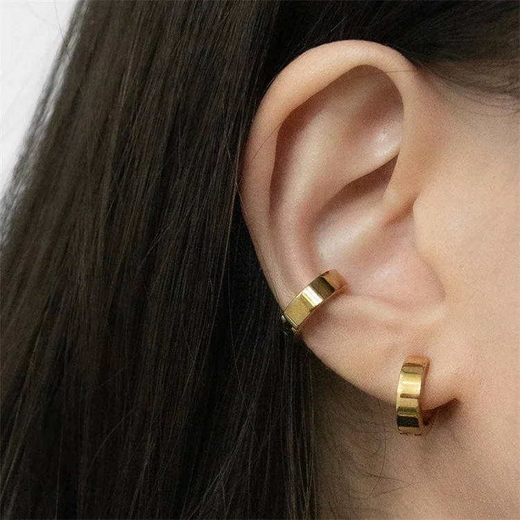 

Minimalist Classic 14K Gold Stainless Steel Ear Buckle Geometry Round Ear Cuff Earrings Waterproof Hip Hop Jewelry