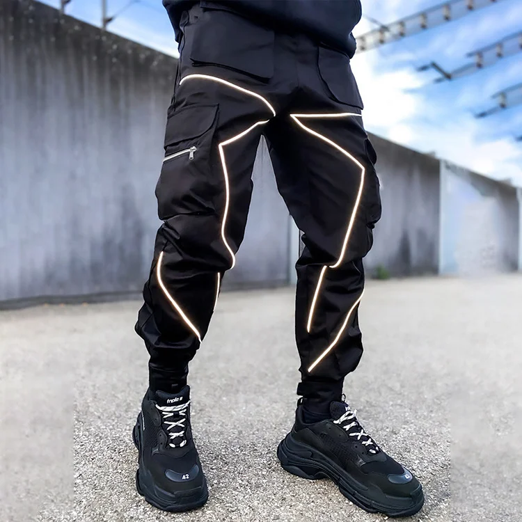 

2021 Fall Fashion Pockets Reflective Line Design Men Cargo Jogger Pants Casual Easy Match Man Trousers, Black,white,gray,white/black,army green,khaki