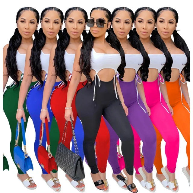 

GX0291 Fashion Clothes Vendor Casual Patchwork Color Crop Top Leggings Two Piece Set Women Summer Bodycon Fashion Slit Pants Set, Picture