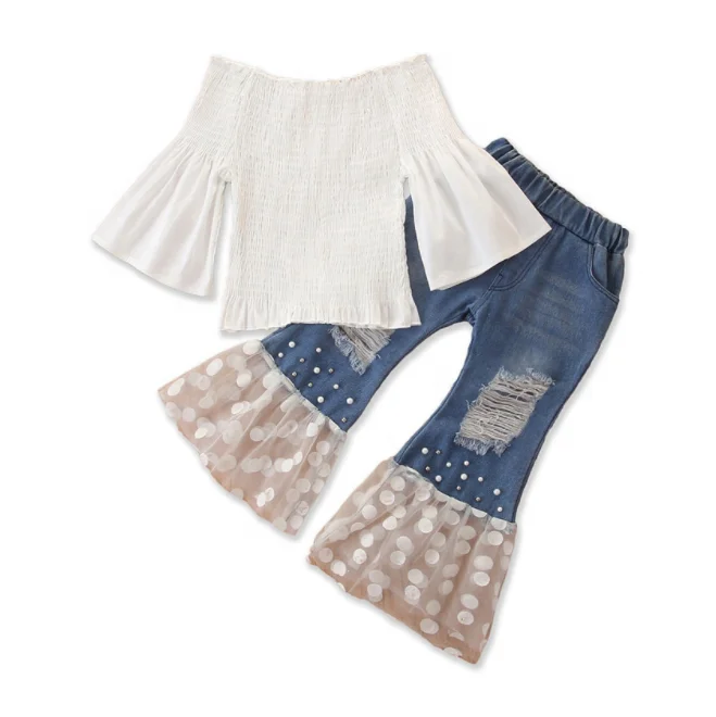 

B23729A Autumn hot style fashionable girl set white shirt + Ripped mesh jeans 2pcs clothing sets