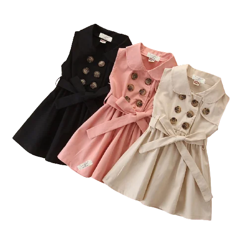 

2021 Summer sleeveless solid color button bow double single breasted baby turn down collar girls dresses for wholesale, As pic shows, we can according to your request also