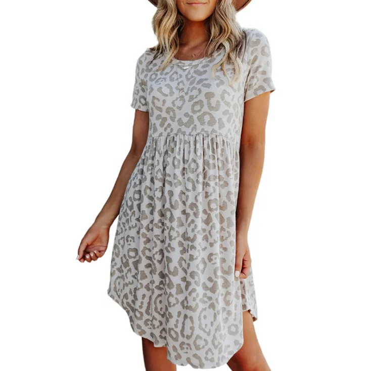 

Wholesale Summer Short Sleeves Casual Loose Round Neck Leopard Print Seamed Dress