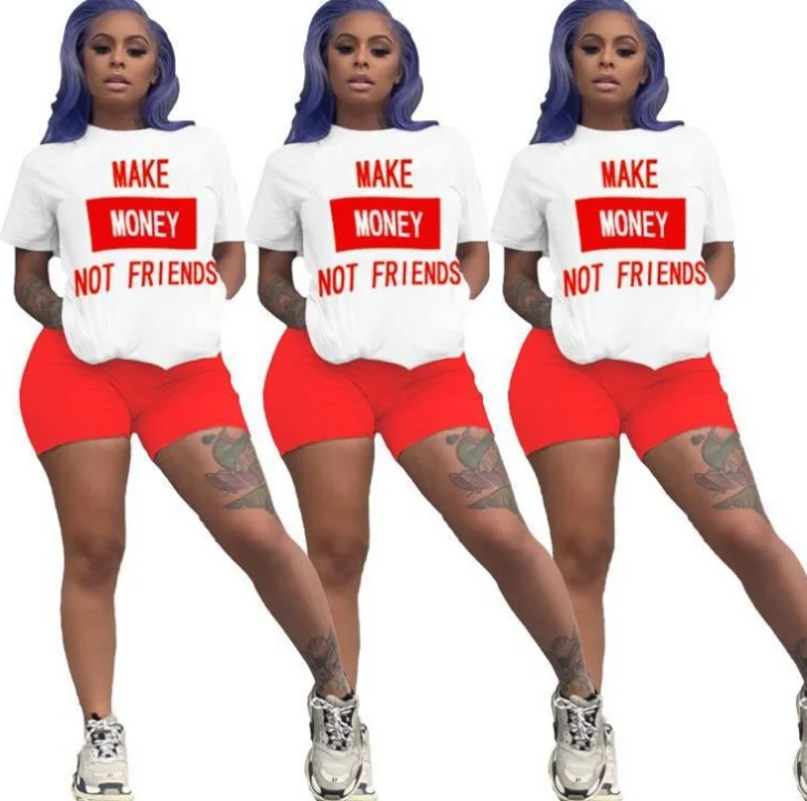 

Make Money Not Friends Tshirt Polyester Short Pants For Women Short Sleeve Solid Print Outfit Sets Womens Tees, As show