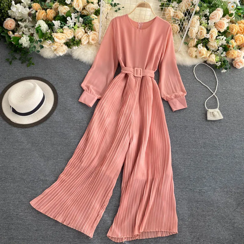 

New Arrival 2022 Spring Fall Ruffle Ladies Wide Leg Red Elegant Jumpsuits Wholesale For Women