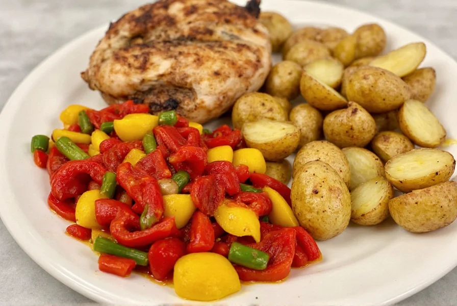 Colorful plate showing red pepper sauté served alongside grilled chicken and roasted potatoes