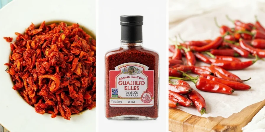 Dried Guajillo Chiles on a wooden table