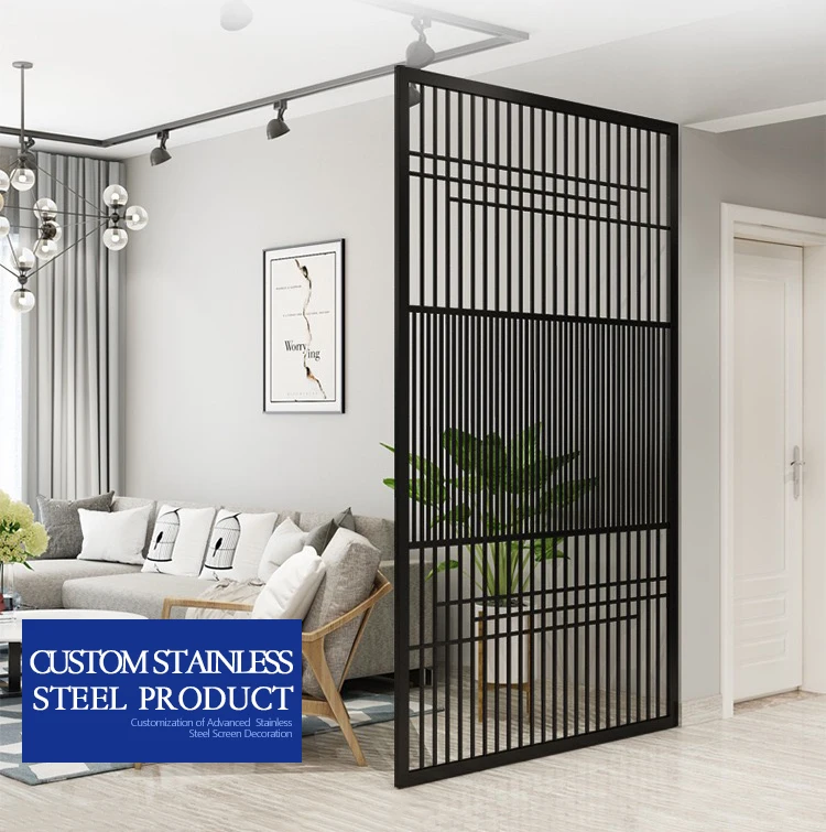 Customized decorative stainless steel black metal living room partition screen hotel restaurant free standing room divider