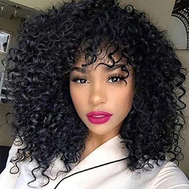 

Wholesale 200 Density Scalp Top Curly Full Machine Made Human Hair Wigs with Bangs Vrigin Remy Brazilian Short Curly Bob Wig, Natural color