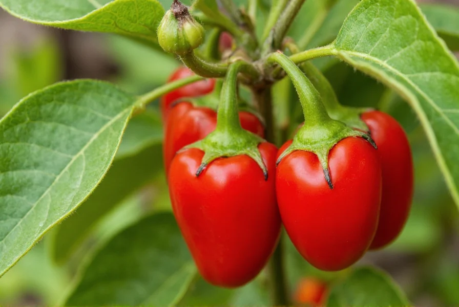 Close-up photograph of vibrant red manzano peppers growing on plant with characteristic hairy leaves and black seeds visible