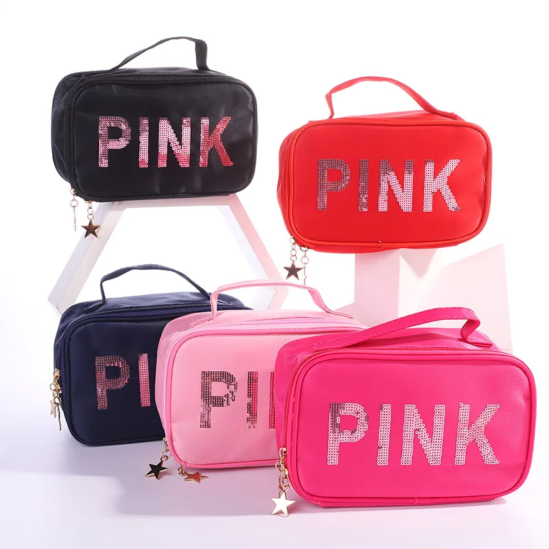 

Wholesale Custom Sequins PINK Cosmetic Bags With Handle Waterproof Glitter PU Toiletry Bag Big Size Women Cosmetics Bags Case, Black,red,pink,rose red,navy blue,custom color