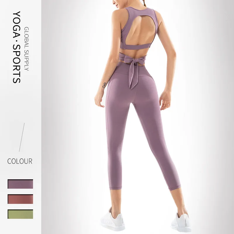 

2021 3colors nylon fabric gym yoga pants and back hole top set fitness suits, Printed