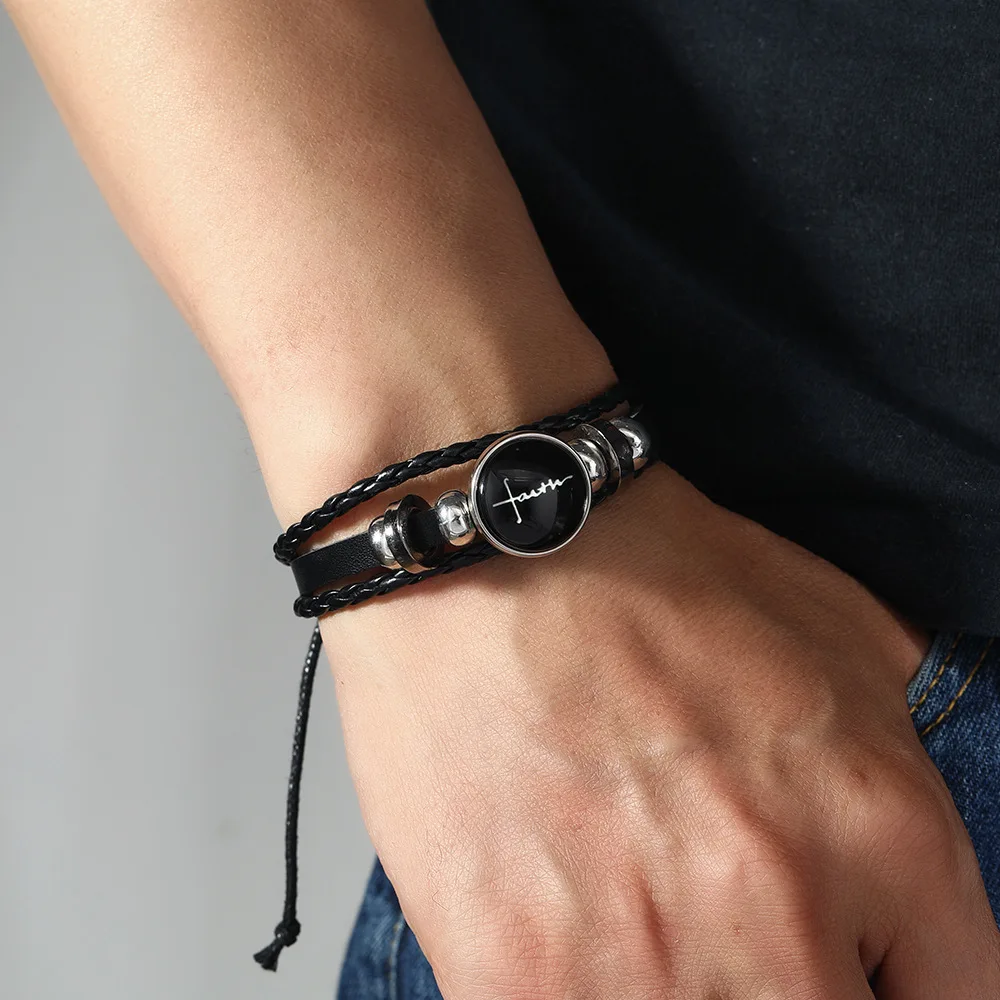 Men's Genuine Leather Couple Bracelet with Christian Faith Cross Charm Long Distance Matching for Gift