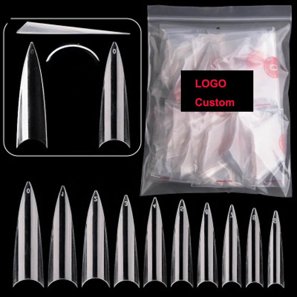 

Your LOGO 600Pcs Pack Extra Long Point Stiletto False Nail Tips Acrylic Gel Salon Half Cover Tip Nails, Clear natural