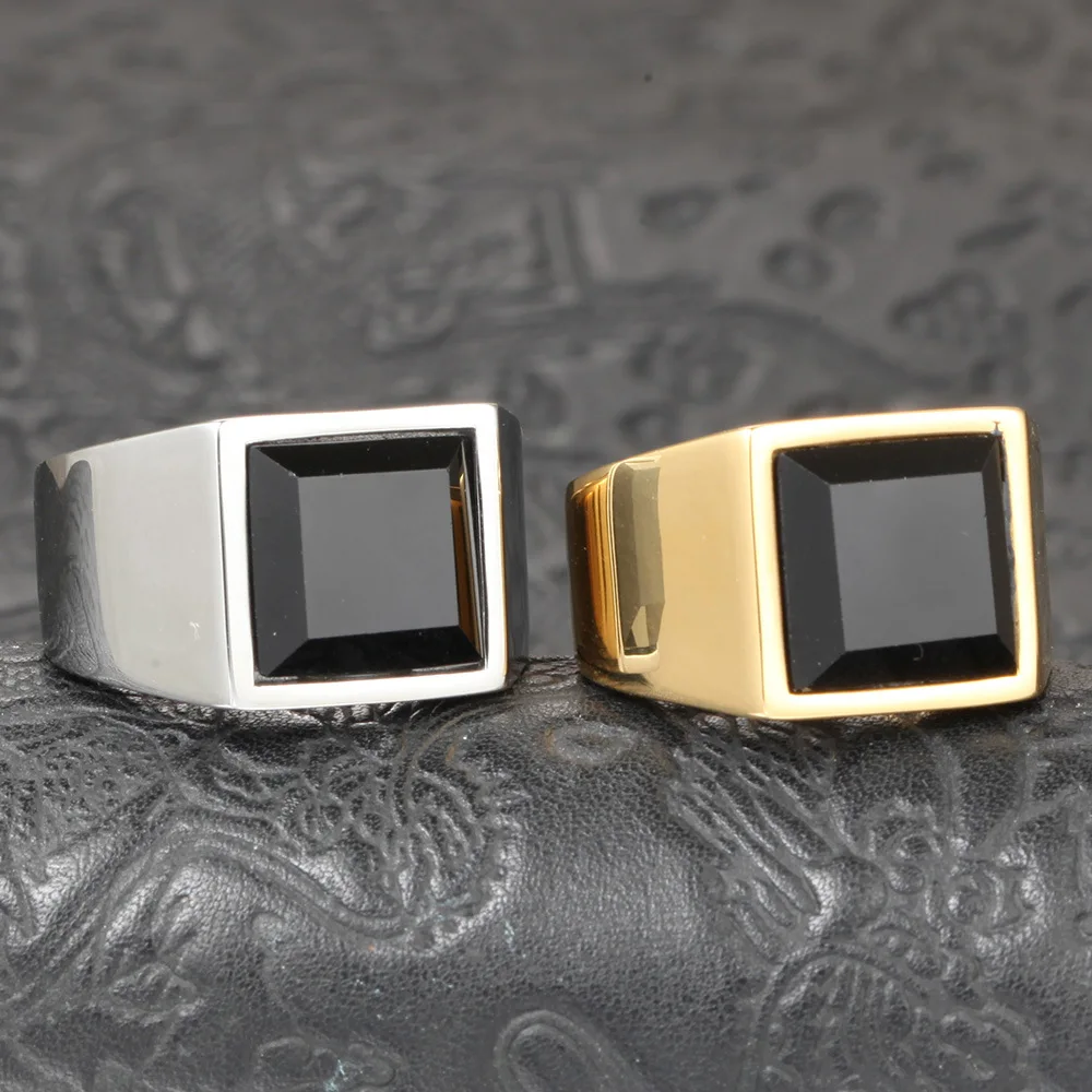 

2021 New Punk Custom Rings Jewelry Zircon Black Rectangle Onyx Stone Stainless Steel Gold Plated Finger Rings for Men Women