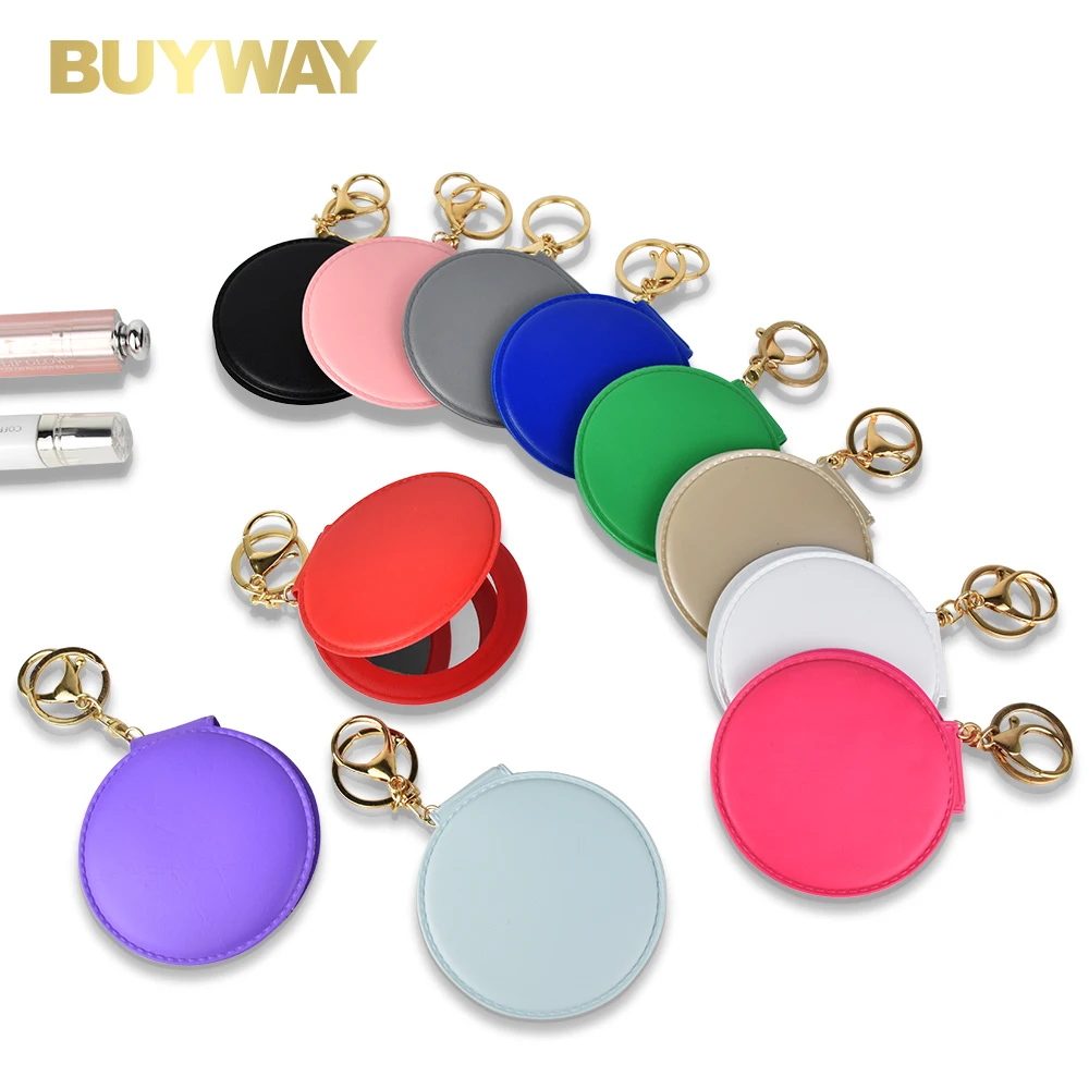 

PVC Leather Mini Pocket Makeup Mirror Double Side Diy Round Key Chain Simple Mini Makeup Mirror, 11 color optional