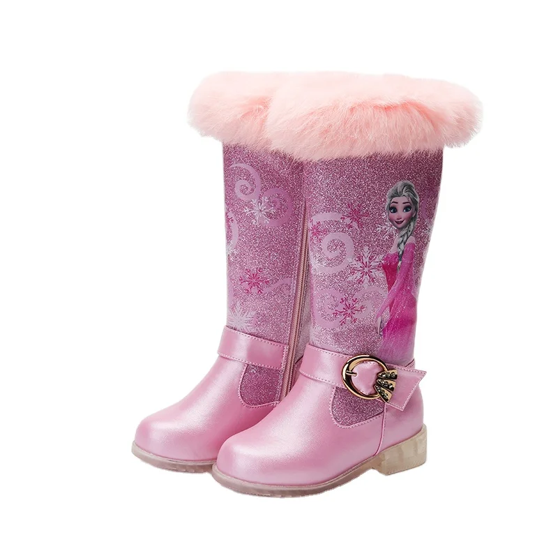 

Hot Sale Cartoon Pattern Knee High Glitter Winter Fur Girls Boots with Zipper New design bling children girl snow boots