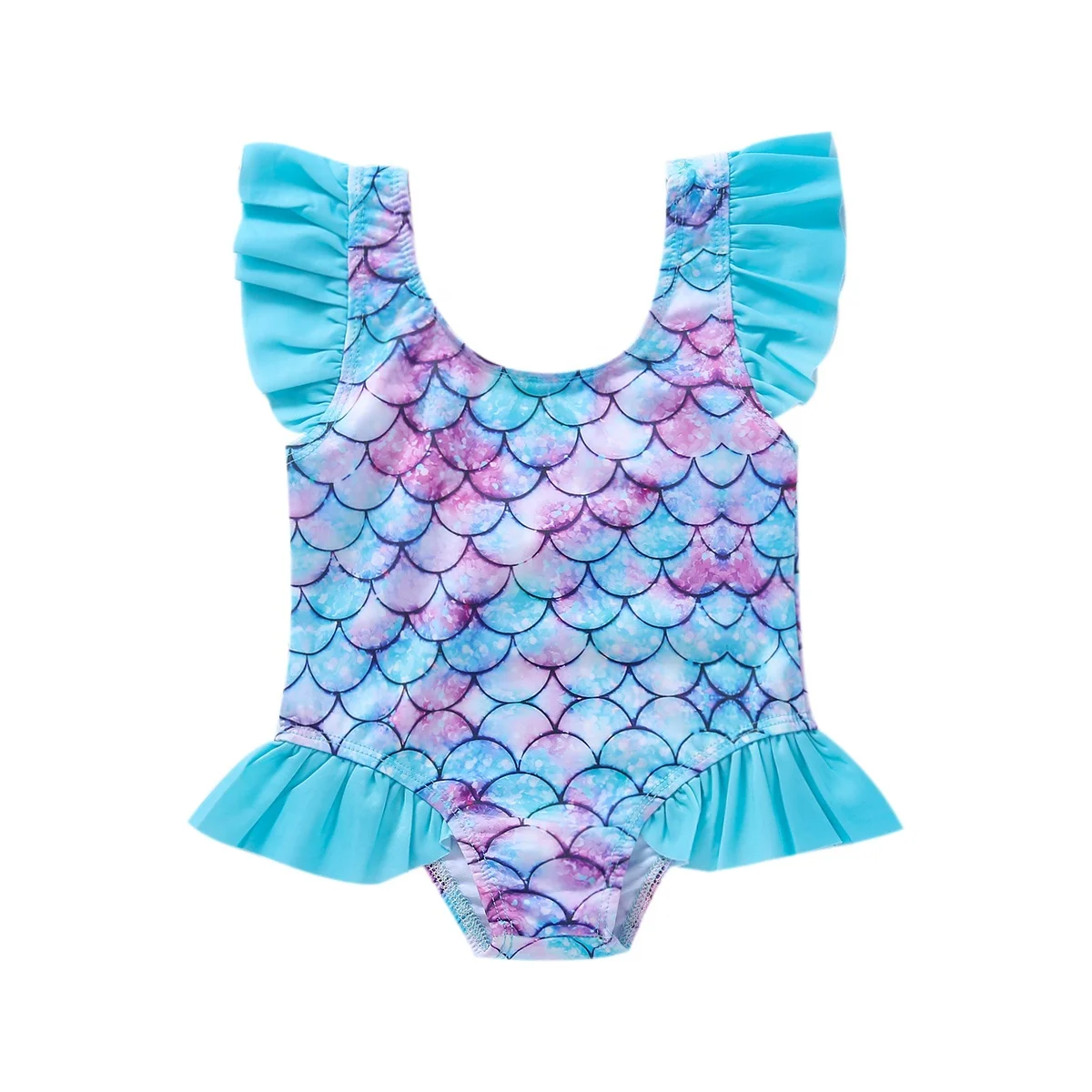 

2021 fashion new style girls swimsuit for children and girls with fish scale print and flounce edge gradient swimsuit, 4cpolors