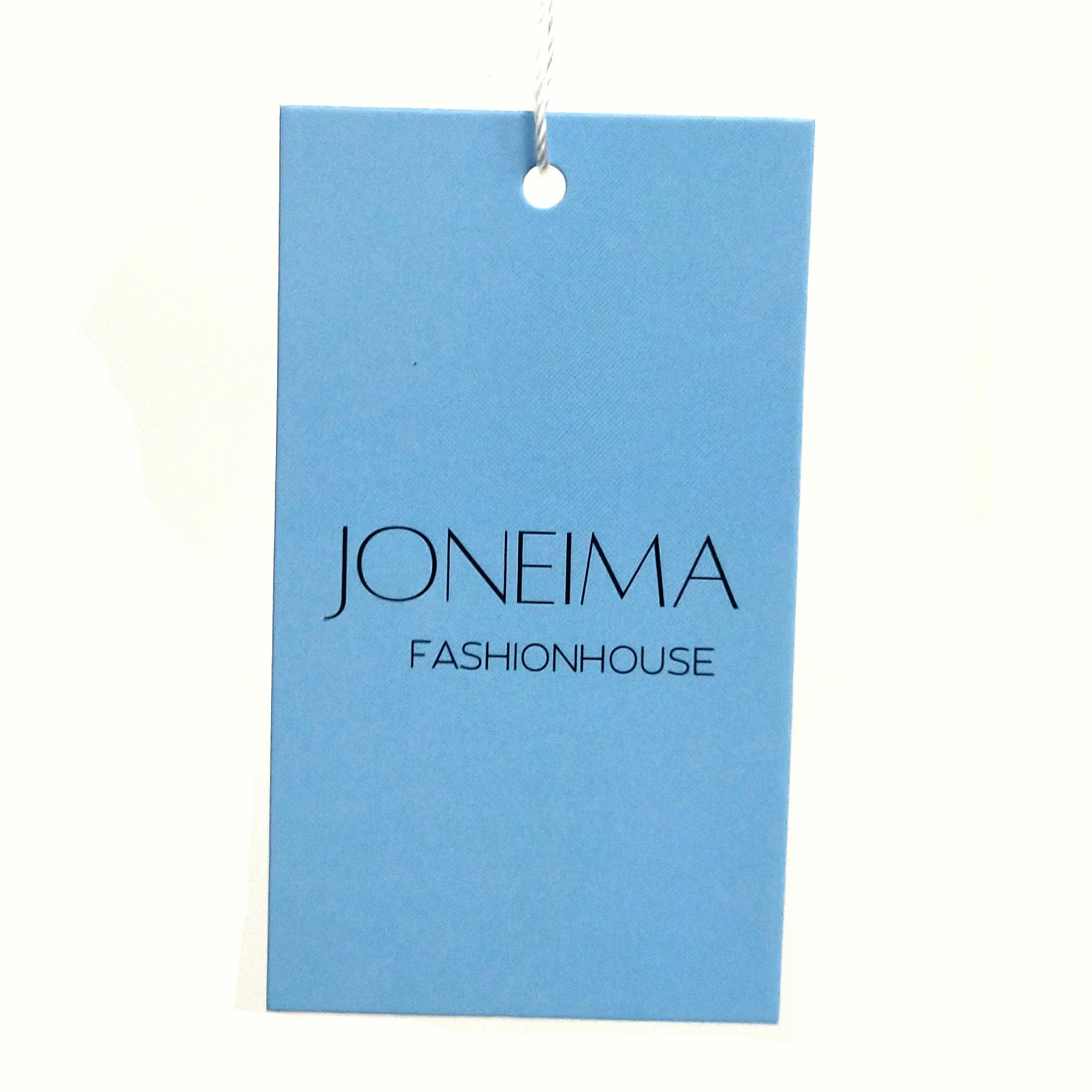 

Custom blue color coated paper hang tag with UV black LOGO for garment clothes garment wig swimwear price private brand label, Customized color