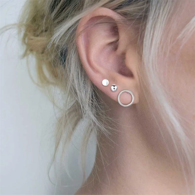 

Simple geometric hypoallergenic stainless steel Ring earrings for women small studs earring women earrings set 3 pairs, Silver / 14k gold color