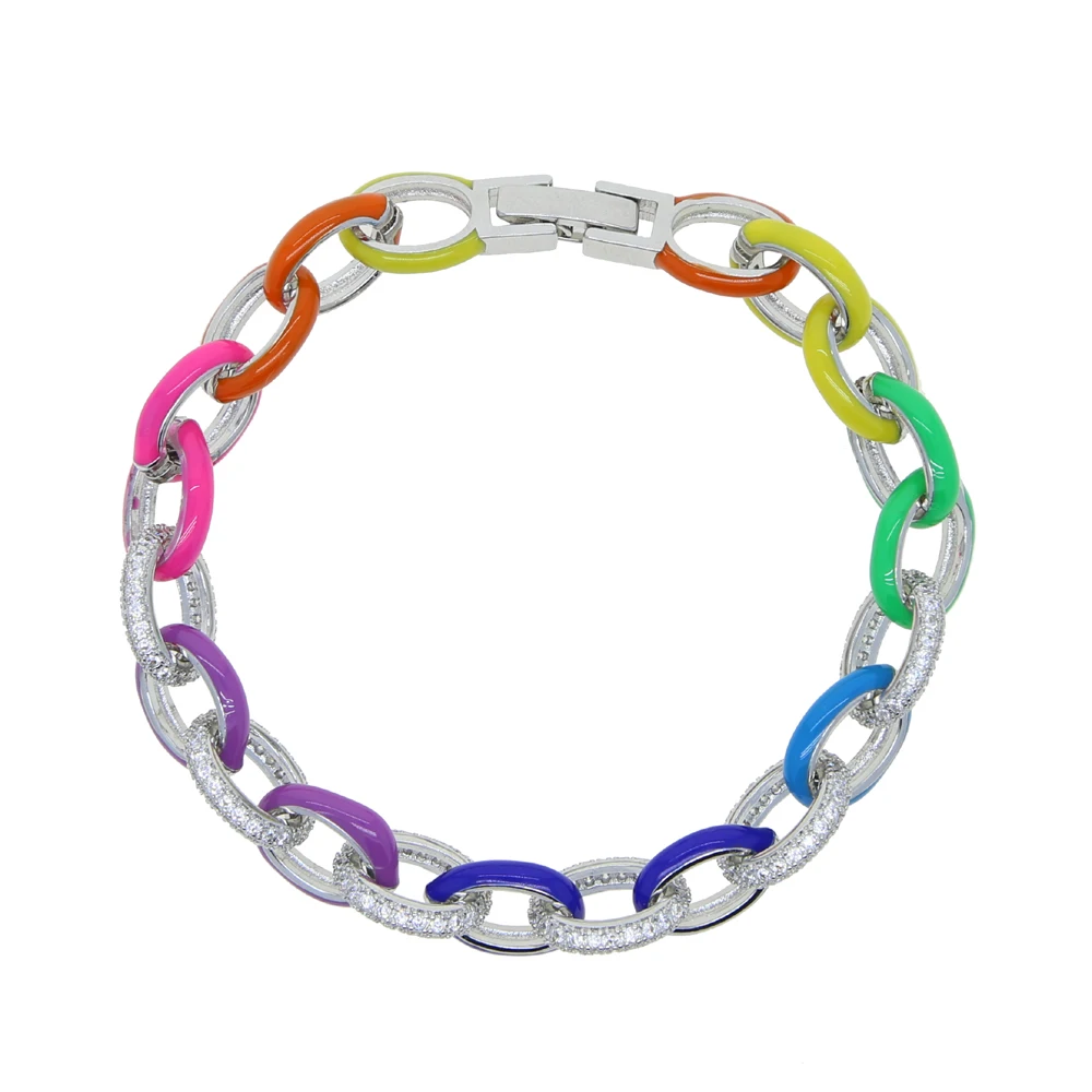 

Rainbow Colorful fashion women jewelry Neon enamel cz oval Rolo Chain women bracelet, Rose gold