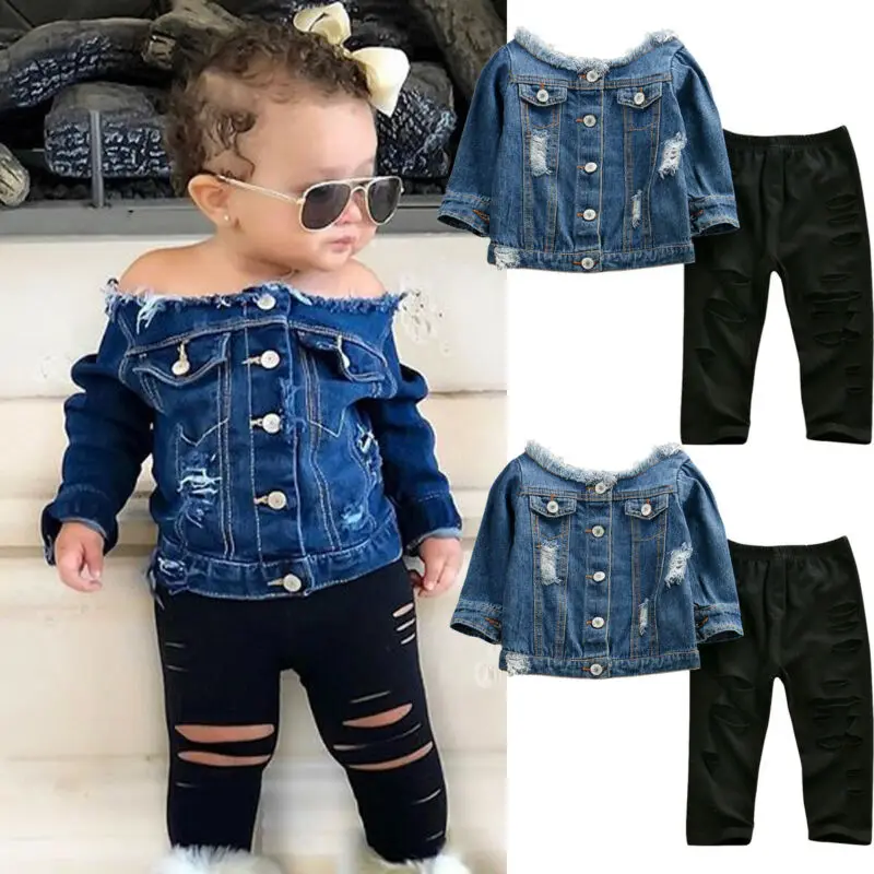 

Baby Girl Clothes Off Shoulder Demin Top + Ripped Pants 2pcs Set Children Kids Spring Summer Clothing 2 3 4 5 6 Years Outfit