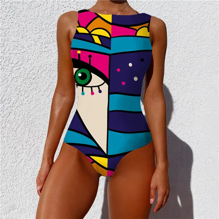 

2021 Hot Sale Popular ins backless sexy bikini one-piece swimsuit abstract pattern printed swimwear, Picture showed