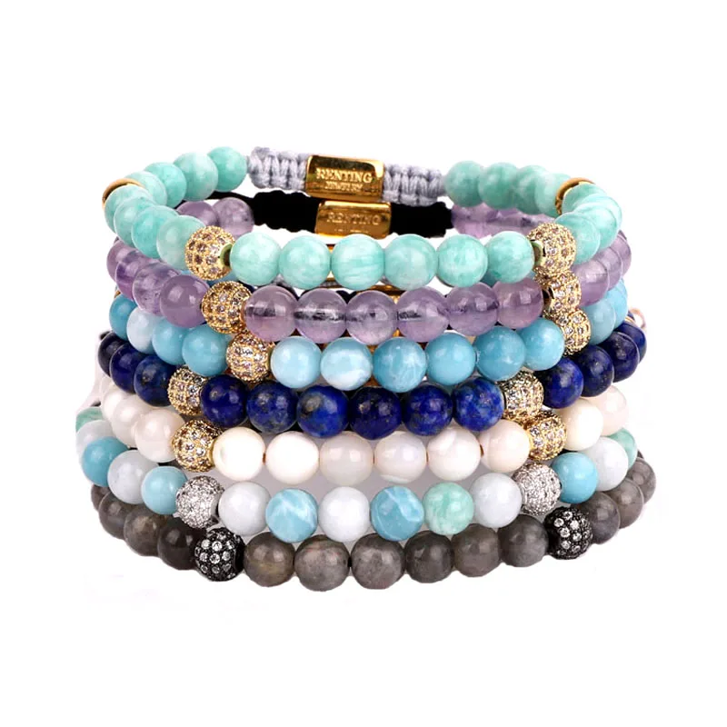 

Renting Jewelry New Design High Quality Natural Gemstone Beads custom engrave logo CZ Ball Women Macrame Bracelet