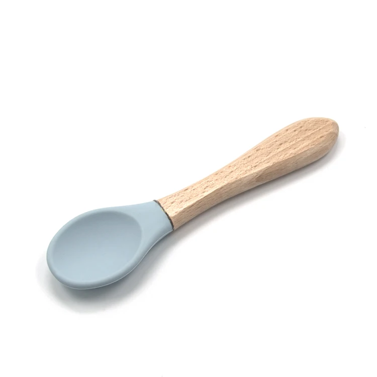 

Food Grade Baby First Stage Self Training Spoon Toddler Kids Silicone Spoon with wooden handle, Blue, pink, light green, customized